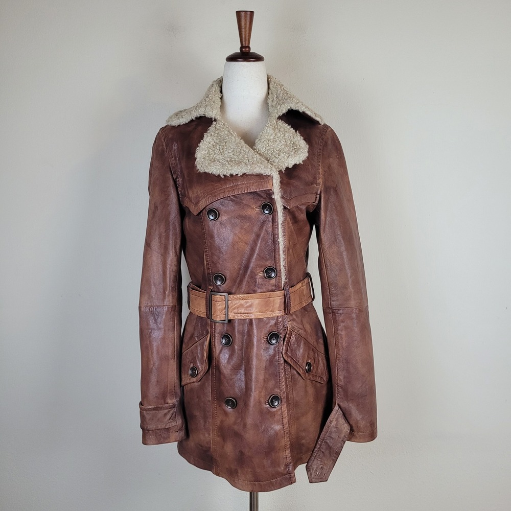 Zara Jacket Small Brown Leather Faux Shearling Trim Belted Trench Coat Y2K Retro
